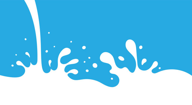 Milk Splash Wave Vector Background Template. Yogurt Stain Shape with Drips Graphic Border Frame. Pouring Cream Flow Flat Illustrations with Drops and Splashes on Blue Background