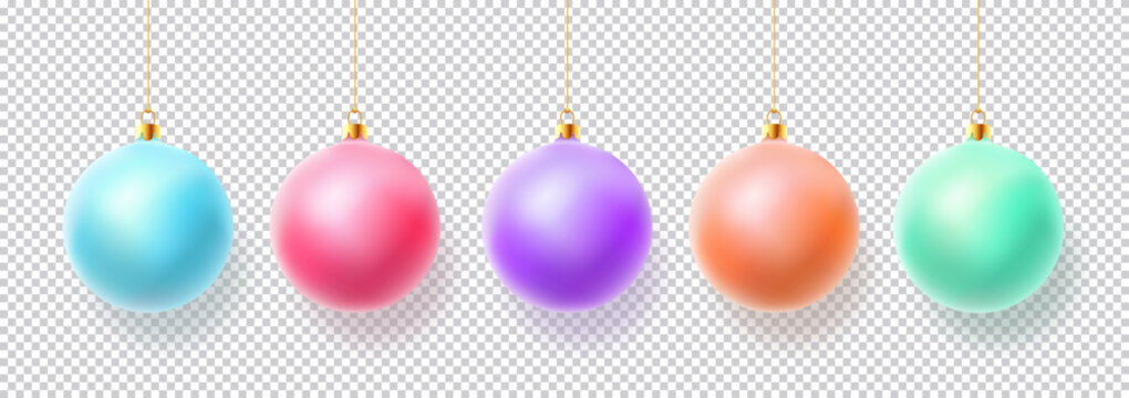 Christmas Tree Baubles Collection. Realistic Pastel Color 3D Ball Winter Holiday Glass Bauble Decoration Templates Set. New Year Vector Hanging Ornament Elements on Transparent Background. Isolated