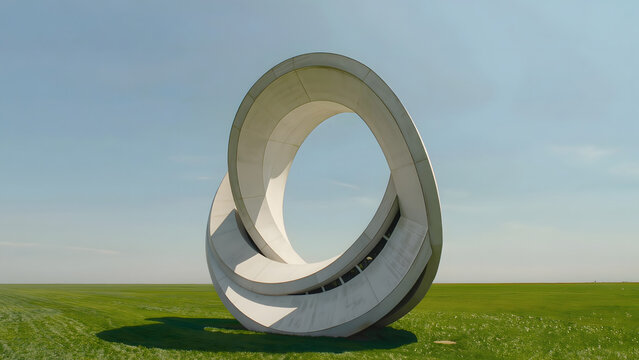 A monumental twisted white loop rises from a vivid green landscape, forming an unusual sculptural composition with flowing geometry, strong shadows and contemporary architectural style.