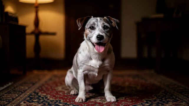 Happy Spotted Dog Sitting Indoors on Rug.