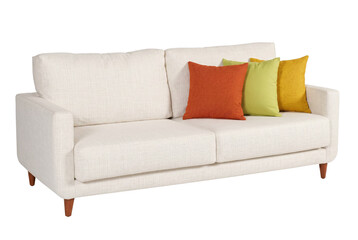 Fototapeta premium Modern Off White Couch with Orange Green and Yellow Pillows