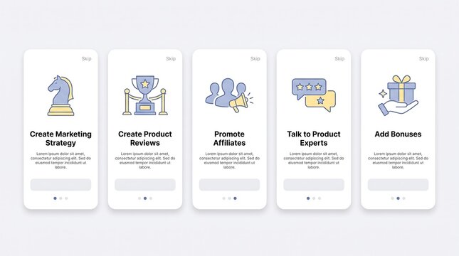 Mobile app onboarding screens templates collection with business marketing strategy product reviews affiliates experts and bonuses icons on white smartphone mockups.