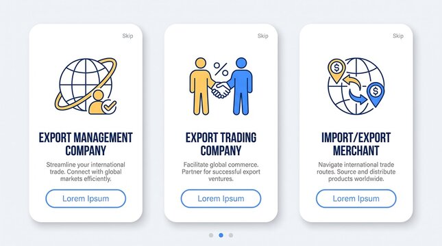 User onboarding mobile slide designs detailing export management company and import trading activities using stylized icons on clean vertical cards over grey backdrop.