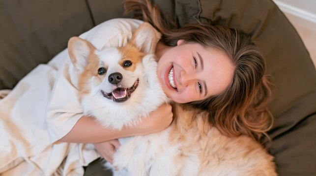 Young woman cuddling her happy Corgi dog on a beanbag chair, sharing a moment of joy and loving companionship