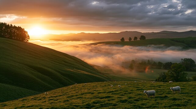 Golden sunrise illuminating rolling green hills and sheep grazing in morning mist, beautiful tranquil nature landscape