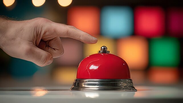 Hand pressing a large red push button against a blurred background of colorful lights. Person hand pressing a large, glowing red buzzer on a television game show stage 