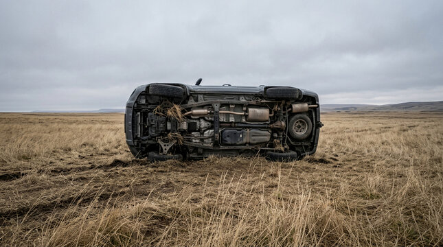 Abrupt Stasis - Overturned unlabelled dark grey SUV resting on its roof in a vast desolate field (Automotive Wreck, Rollover, Transportation Failure, Accident Aftermath, Solitude, Impact)