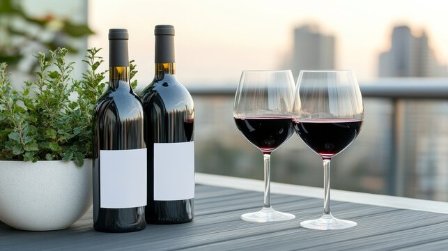 Wine Tasting Rooftop Lounge With Blank Labels Wine Outdoor, digital innovation, artificial intelligence and connected business technology