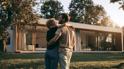 Fototapeta premium Young couple embracing, enjoying a moment together on the lawn, connecting over their stylish new house