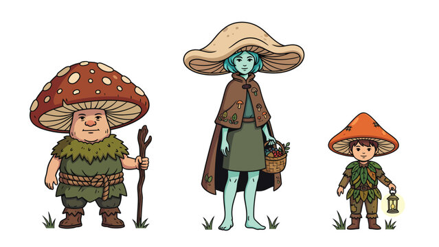 Three whimsical mushroom characters, a family of fantasy forest dwellers, standing in grass.