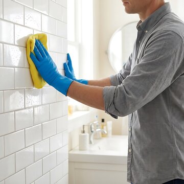 A man wearing blue protective gloves wiping glossy white subway tiles with yellow cloth for house cleaning.