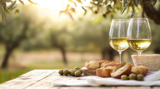 Wine Tasting Table Beneath Olive Trees Bread And Olives Wine, digital innovation, artificial intelligence and connected business technology