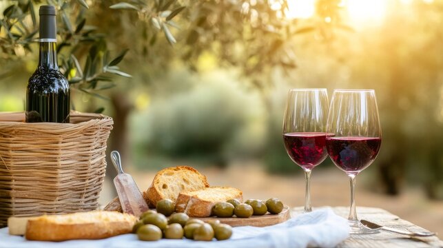 Wine Tasting Table Beneath Olive Trees Bread And Olives Wine, digital innovation, artificial intelligence and connected business technology