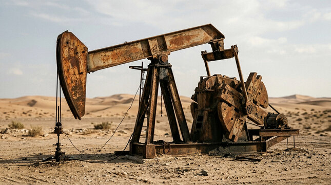 Idle Siphon - Stationed unlabelled oil pump jack resting in a parched dusty desert landscape (Fossil Fuel, Petro-State, Stagnation, Economic Collapse, Abandonment, Resource Scarcity)