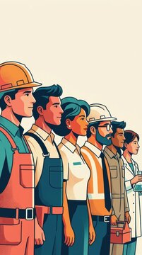 Group of diverse professional workers including construction builders and scientists standing in a row side view