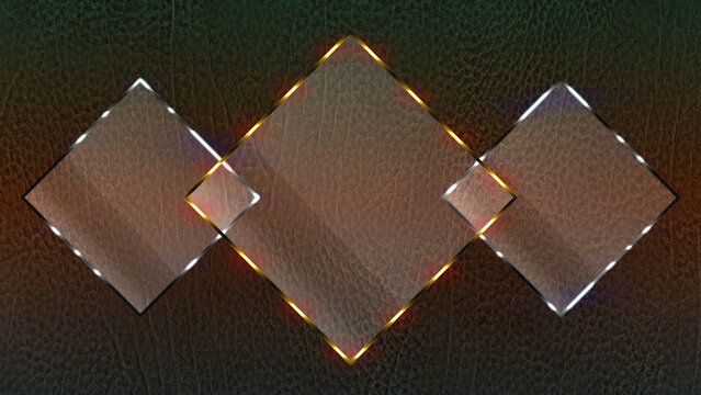 8K Luxury Three connected diamond glass frames with gold and silver borders on leather background