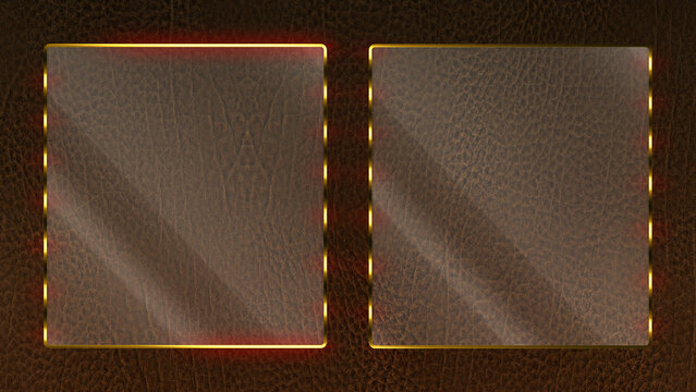 8K Luxury Two vertical glass frames with gold borders on brown leather background