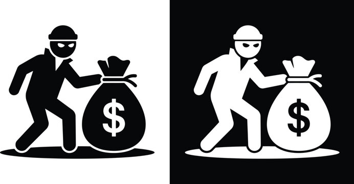 Masked thief carrying a large money bag, representing robbery, theft, crime, burglary, financial loss, criminal activity, and stolen wealth worldwide.