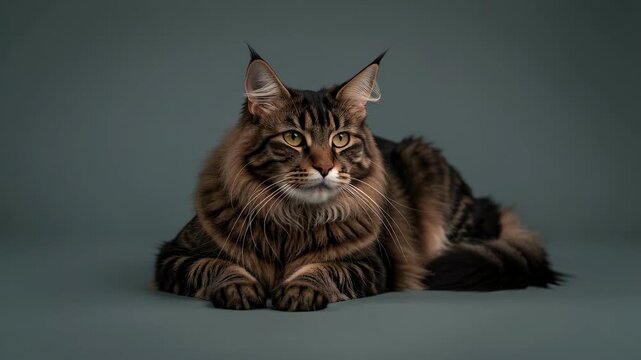 Relaxed Tabby Cat Portrait on Dark Gray Background.