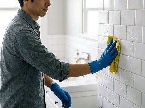 Man cleaning glossy white bathroom tiles with yellow cloth wearing blue rubber gloves for home sanitation care.
