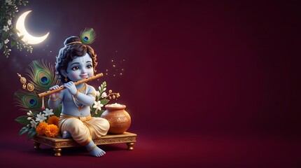 Little krishna playing flute for janmashtami festival celebration background with baby lord