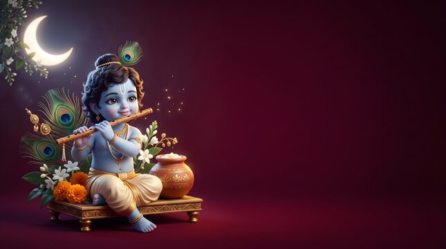 Little krishna playing flute for janmashtami festival celebration background with baby lord