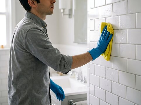 Man wiping down white bathroom tile wall with yellow rag wearing protective rubber gloves during household cleaning.