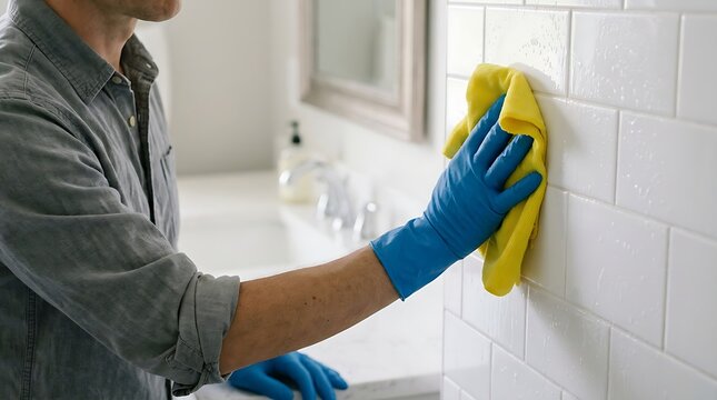 Person using yellow cloth and blue protective gloves to scrub clean glossy tiled wall in domestic bathroom.
