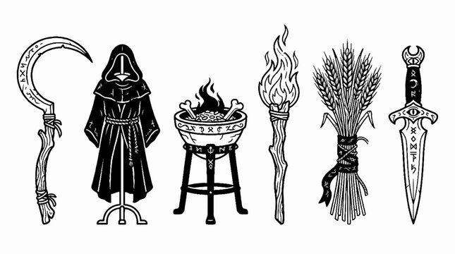 A collection of mystical occult items and ritualistic symbols in a black and white line art style.