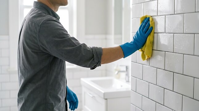Man wearing blue rubber gloves wiping white subway tile wall with yellow microfiber cloth in bright bathroom.