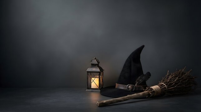 A mystical witch hat and a glowing vintage lantern on a dark moody background for halloween