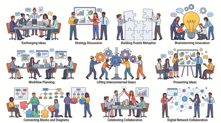 Fototapeta premium Business people collaborating and exchanging ideas in various office settings.