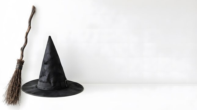 Black witch hat and broomstick isolated on a white background with empty space for halloween text