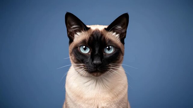Siamese Cat Portrait on Blue Studio Background.