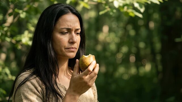 Biblical Eve standing in the lush green garden of eden holding the bitten forbidden fruit of knowledge representing the original sin according to the historic genesis story of humanity