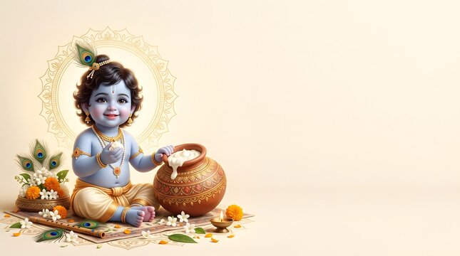 Little krishna janmashtami celebration greeting card with butter pot with against soft decorative