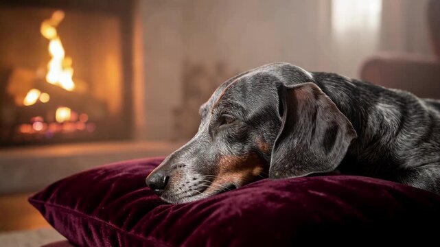 Sleeping Dog Beside Cozy Fireplace.