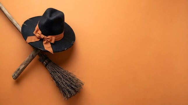 A black witch hat and a rustic wooden broomstick isolated on a plain orange background for halloween