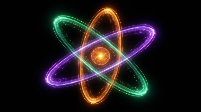 Glowing atomic model with colorful electron orbits around a nucleus