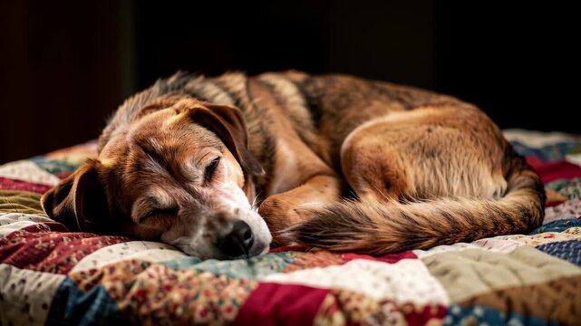 Sleeping Dog on Patchwork Quilt.