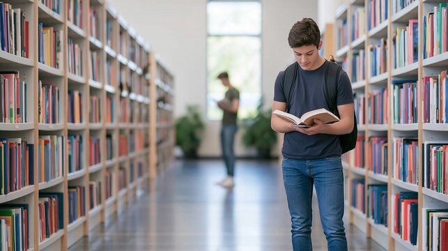 Student reading book in library aisle, focusing on literature and education, surrounded by shelves of colorful books