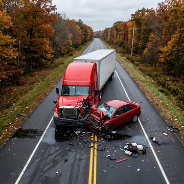 High-impact highway collision between a red semi-truck and red sedan with deployed airbags on wet pavement.