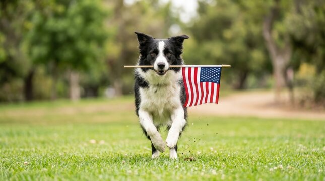 Happy border collie dog running in a green park while holding an american flag in its mouth
