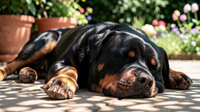 Sleeping Rottweiler on Sunny Garden Patio.
