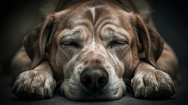 Sleeping Senior Dog Portrait in Dark Studio.