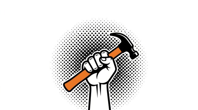 Strong hand holding a metal hammer in a retro comic book style illustration