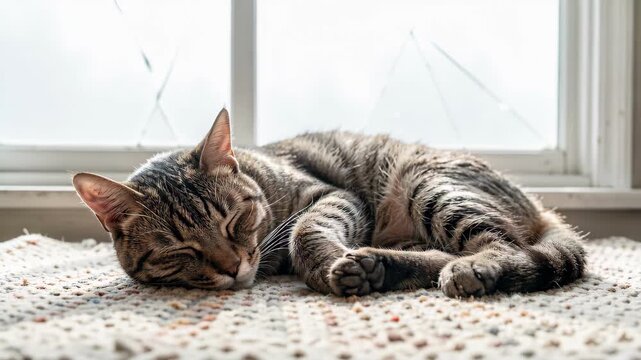 Sleeping Tabby Cat by Sunlit Window.