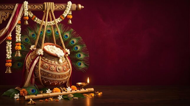 Krishna janmashtami decorative background with dahi handi pot with adorned peacock feathers