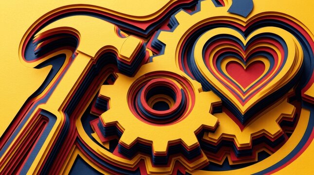 Golden metal hammer and gear mechanism with a red heart shape representing love for construction and engineering work