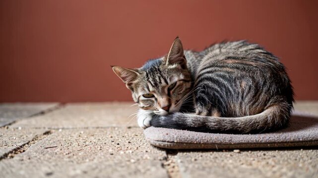 Sleeping Tabby Cat Curled On Cozy Mat.